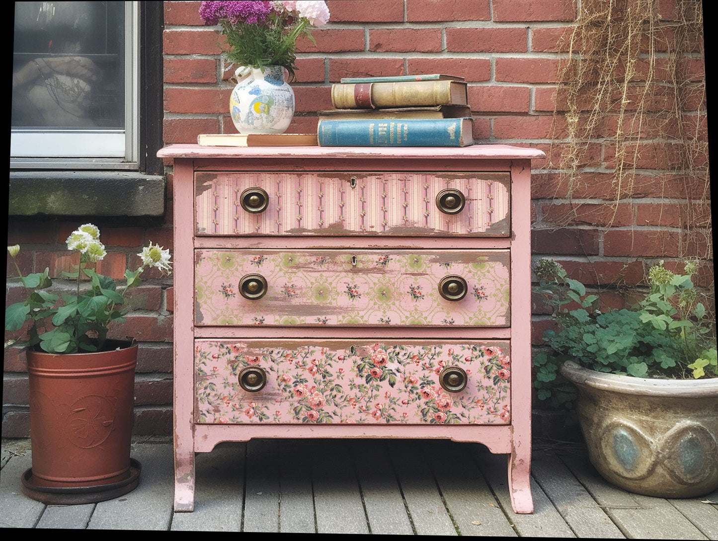 Pink floral-patterned dresser with books and a vase on top, against a brick wall.