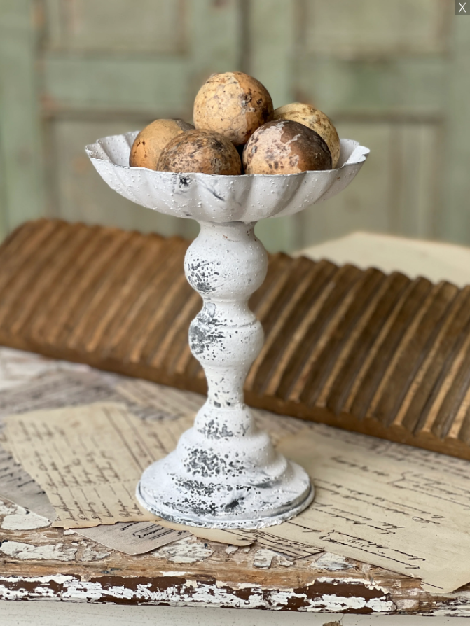 Antheil Pedestal | 9" | Cream white | chippy finish | riser candle stick | scalloped top