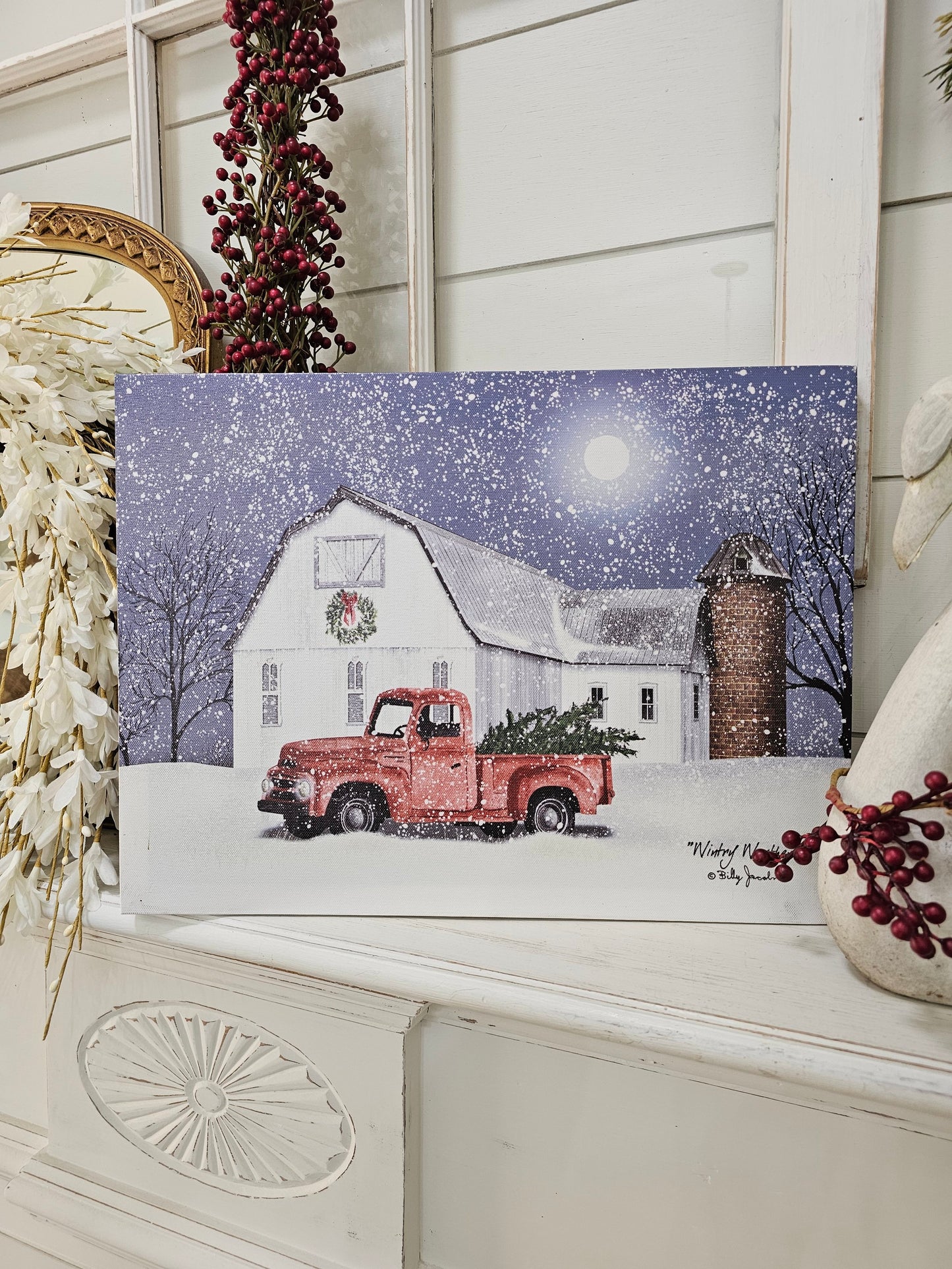 12 x 16 LED Canvas - wintry weather by Billy Jacobs - farmhouse red truck