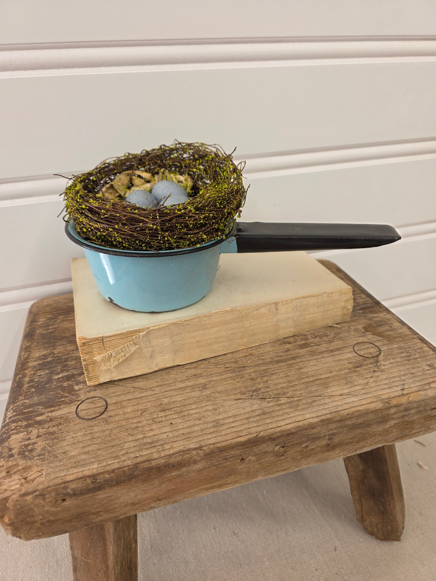 blue enamel pot with birds nest