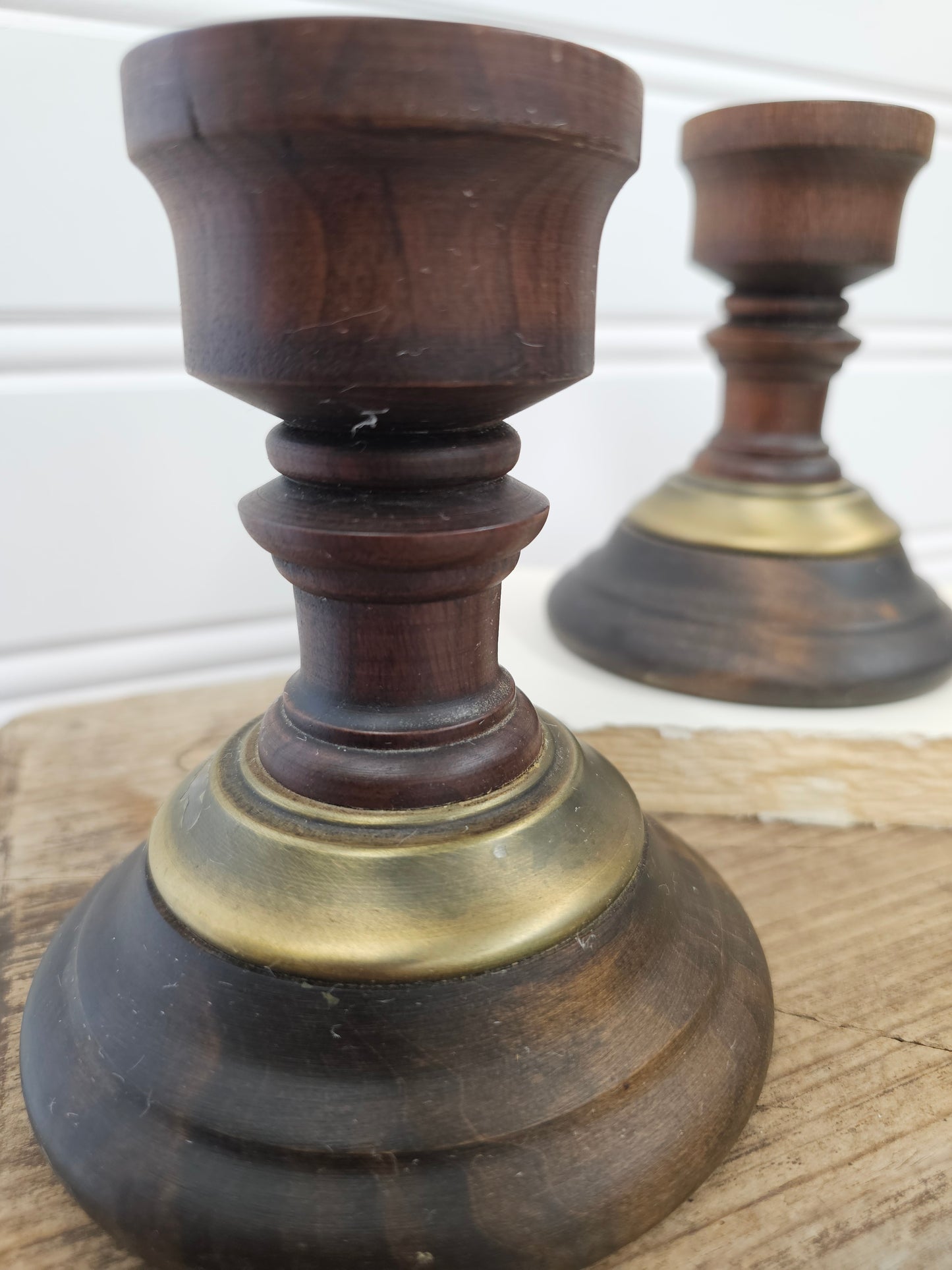 set of 2 vintage wood and gold candle holder
