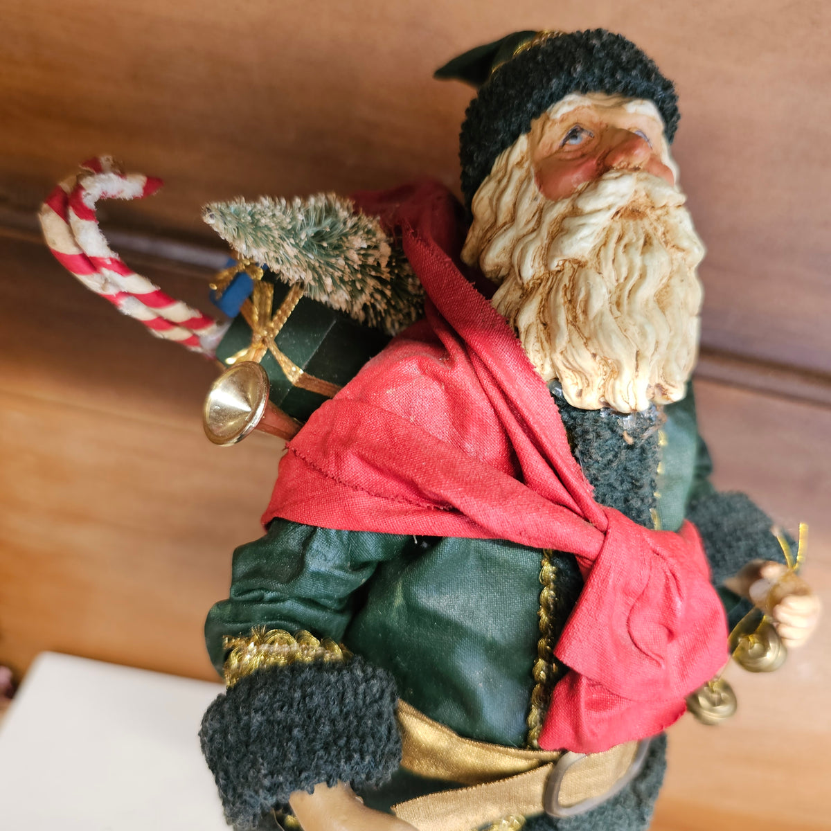 vintage paper mache Santa with Green suit and sack of toys 1987
