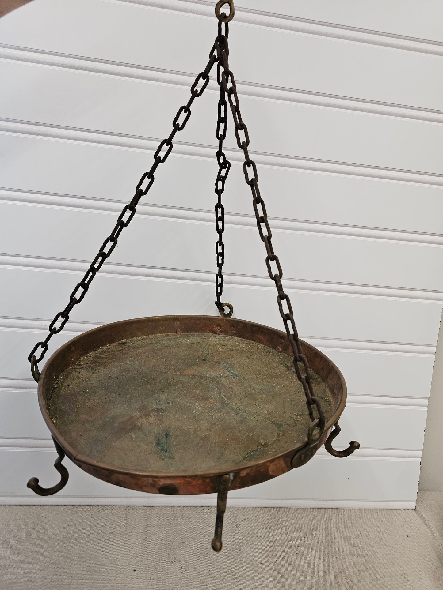 vintage copper and brass hanging pot holder - as is missing 1 hanger