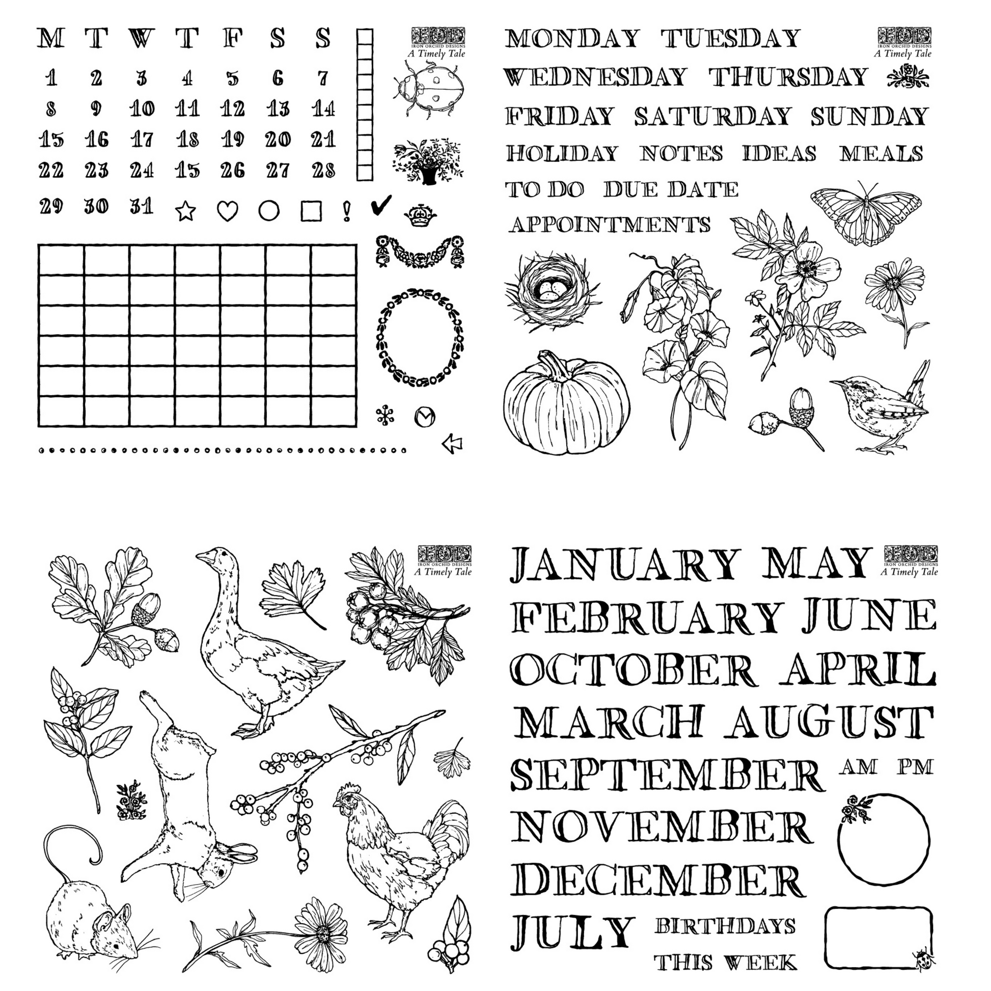 A sheet of black-and-white printable planner or craft stamps showing various themed designs, including a calendar, weekly notes, pumpkins, autumn leaves, animals, and months and days of the week.