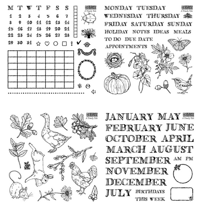 A sheet of black-and-white printable planner or craft stamps showing various themed designs, including a calendar, weekly notes, pumpkins, autumn leaves, animals, and months and days of the week.