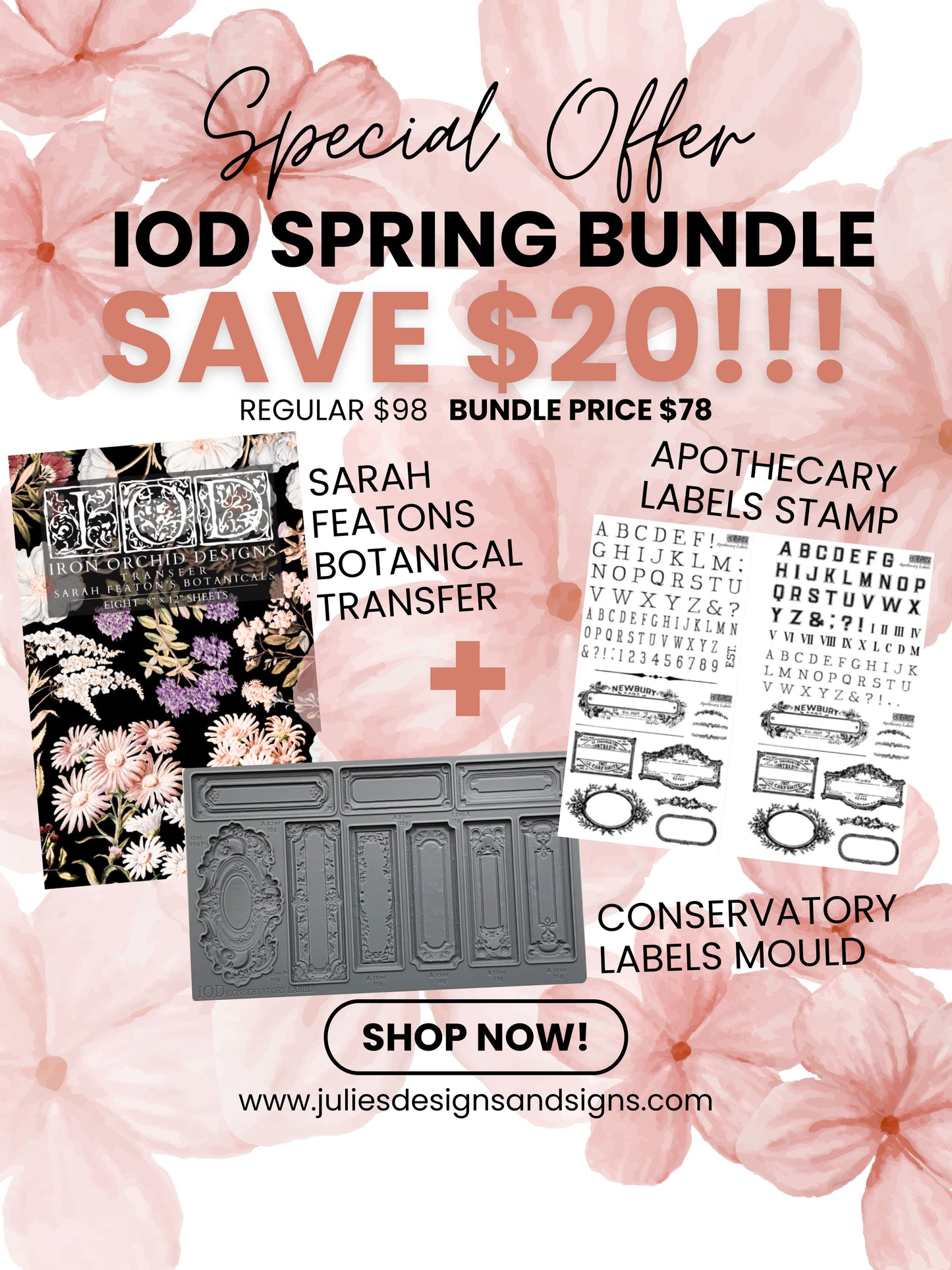 IOD Spring Bundle • Sarahs Botanicals Transfer + Conservatory Mold + Apothecary Labels Stamp • Save $20