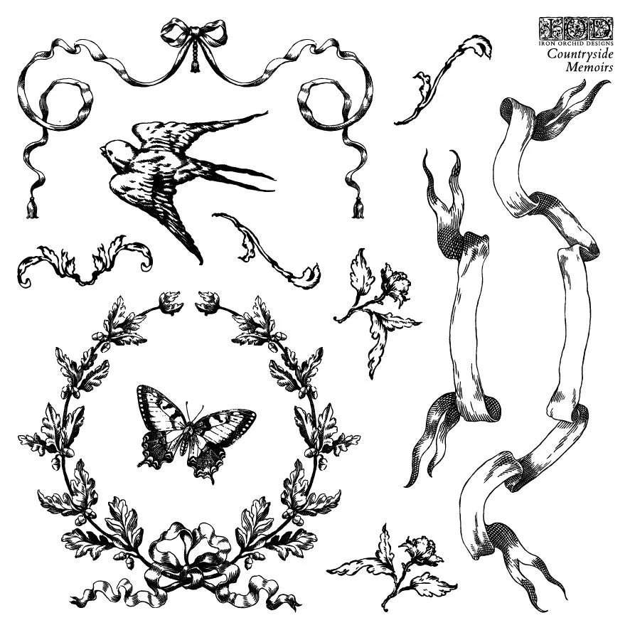 Countryside Memoirs 6 x 6 stamp | birds, butterflies, bows, decorative borders