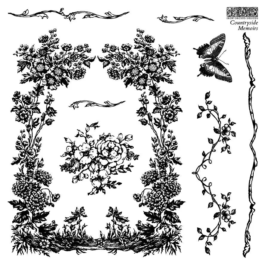 Countryside Memoirs 6 x 6 stamp | birds, butterflies, bows, decorative borders
