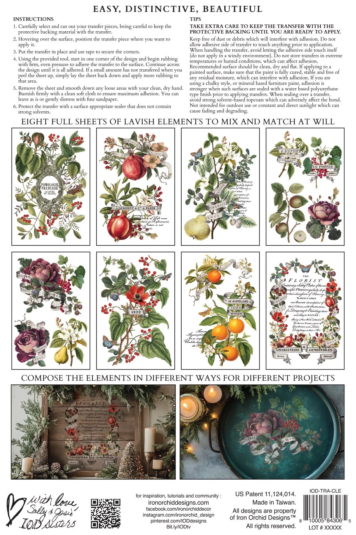 Clementine IOD Transfer Pad 8x12 | Vintage Still Life Florals | Kitchen Decor Transfers | Junk Journal Ephemera | Elegant DIY Craft Supplies