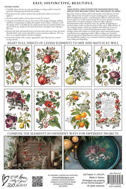 Clementine IOD Transfer Pad 8x12 | Vintage Still Life Florals | Kitchen Decor Transfers | Junk Journal Ephemera | Elegant DIY Craft Supplies