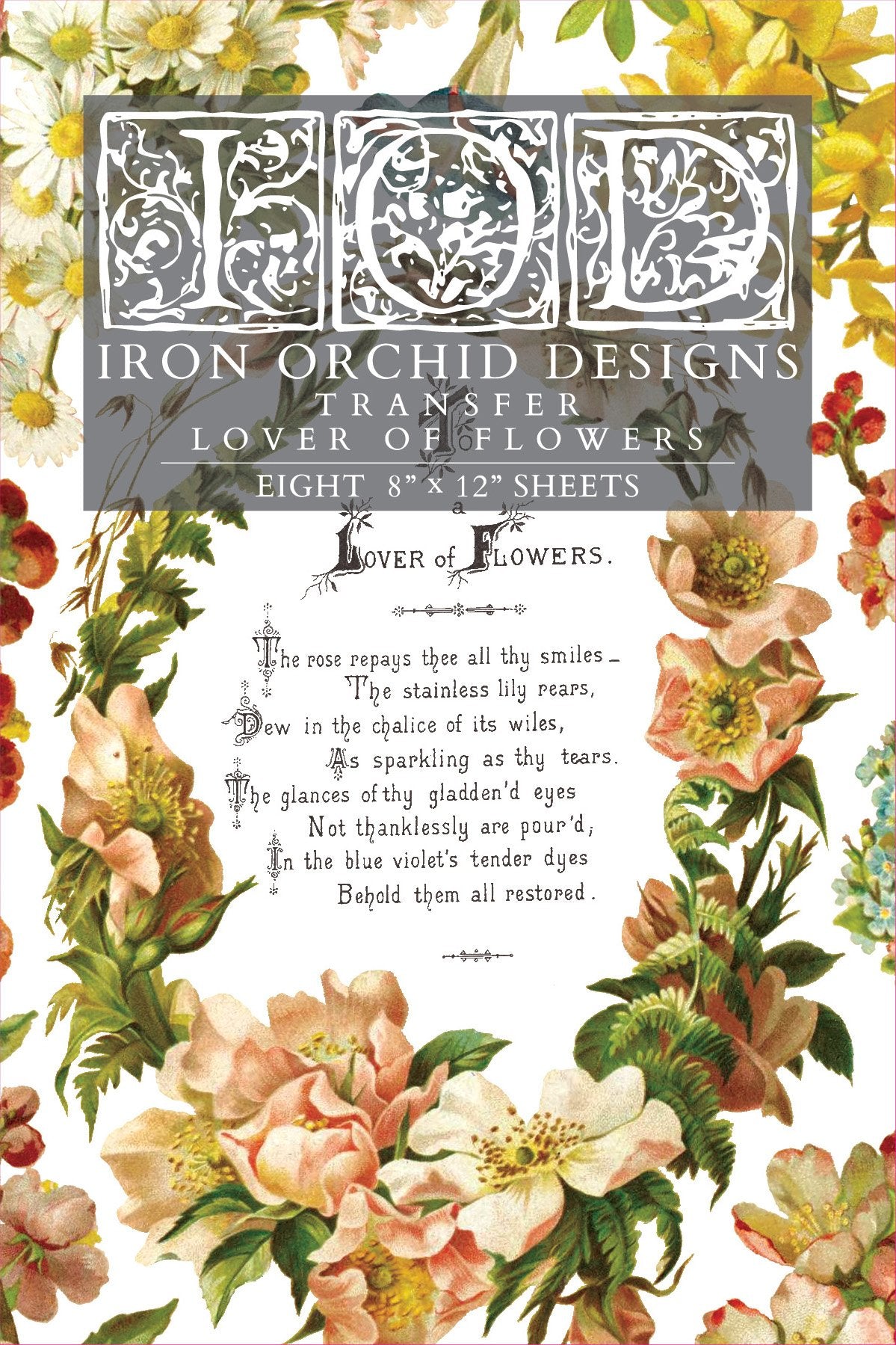 Iron Orchid Designs transfer paper for flowers with floral design and text on a white background