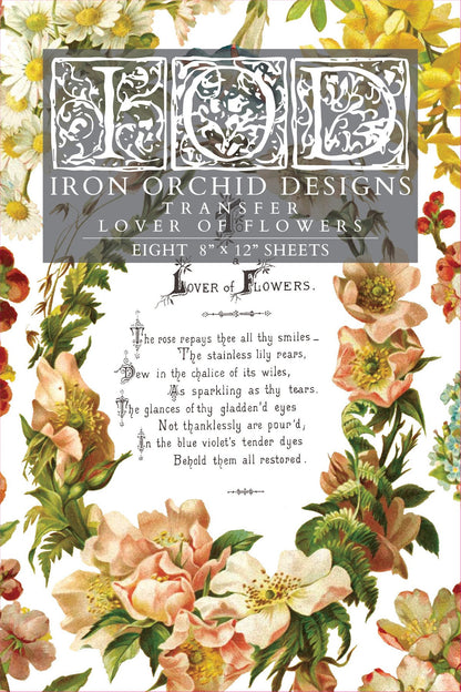 Iron Orchid Designs transfer paper for flowers with floral design and text on a white background