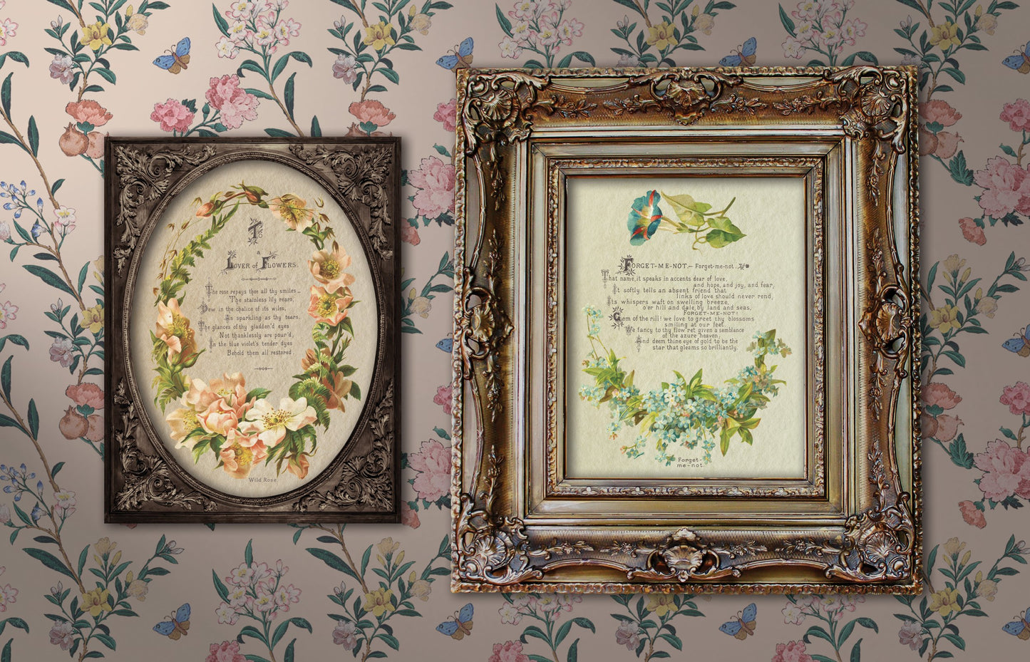 Two framed floral prints on a decorative wall with floral wallpaper.