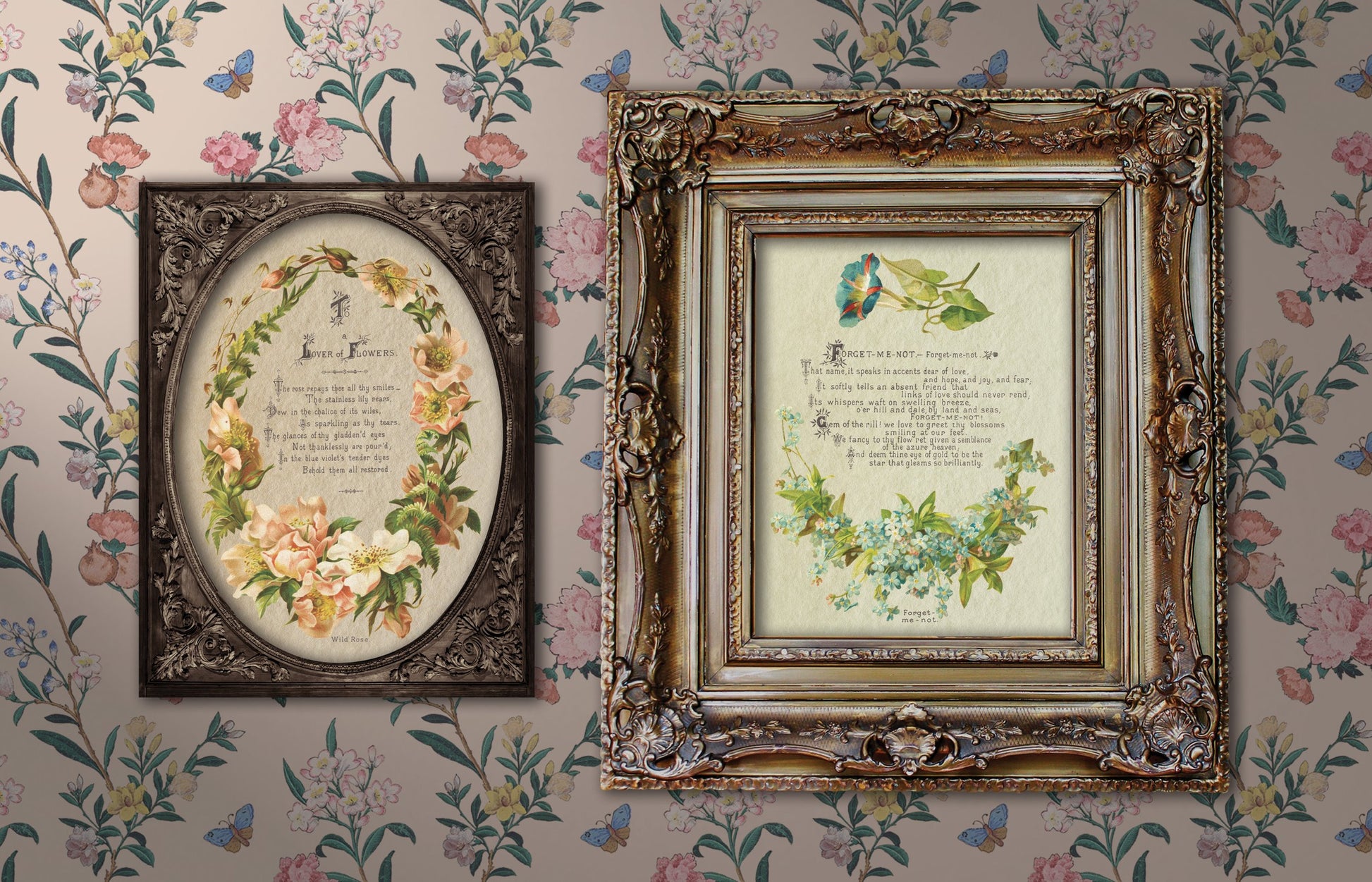 Two framed floral prints on a decorative wall with floral wallpaper.
