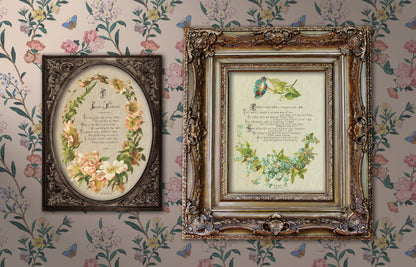 Two framed floral prints on a decorative wall with floral wallpaper.