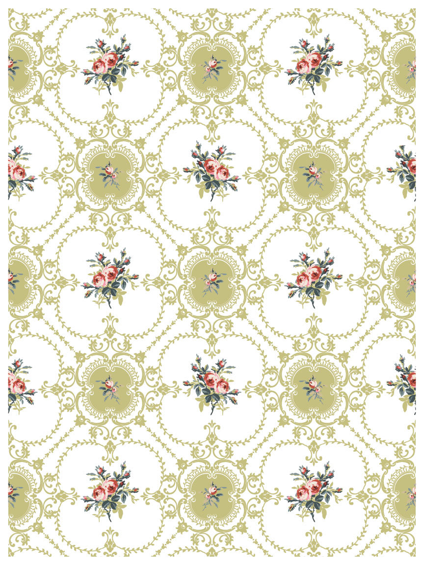 Decorative floral pattern with green and pink flowers on a white background