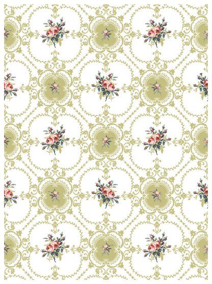Decorative floral pattern with green and pink flowers on a white background