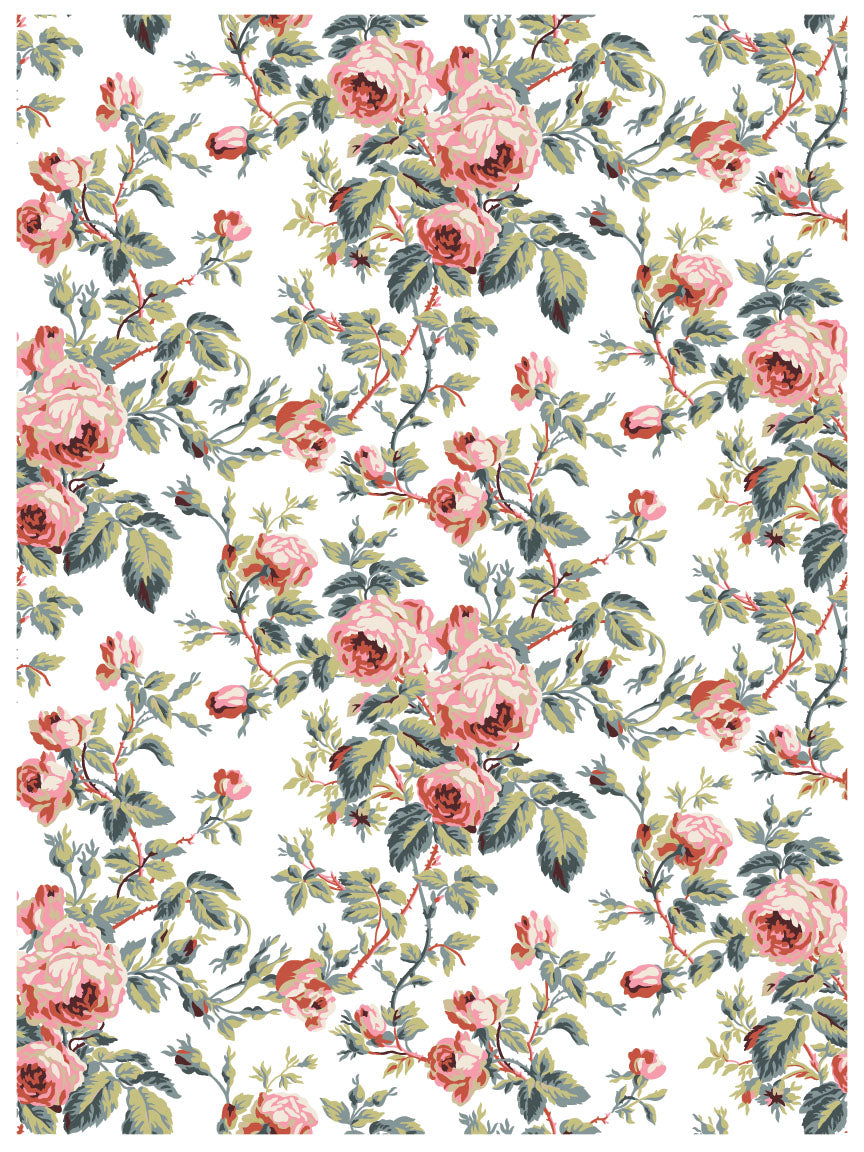 Floral pattern with pink roses and green leaves on a white background