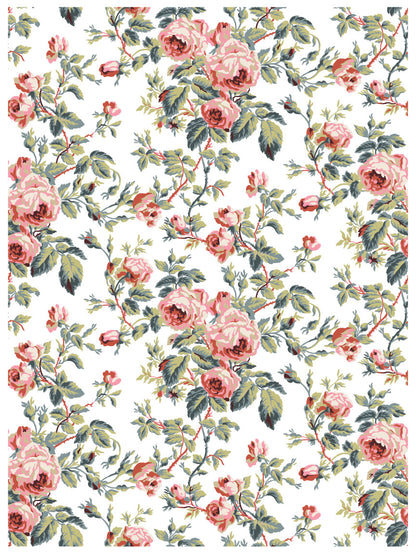 Floral pattern with pink roses and green leaves on a white background