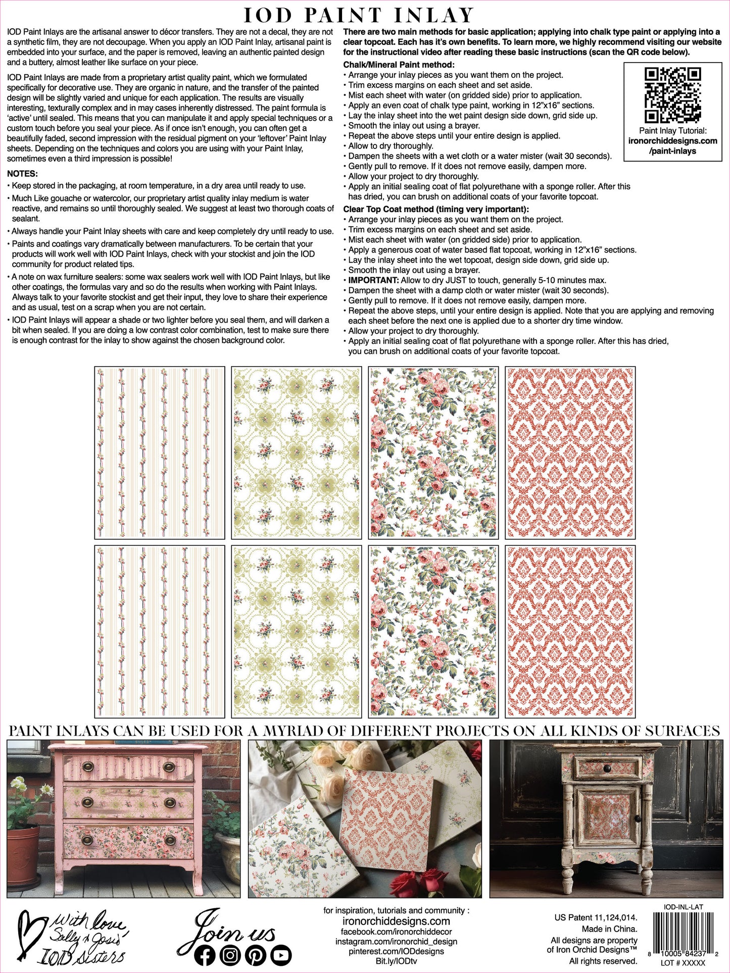 ICD Paint Inlay guide with pattern examples and furniture applications on a white background