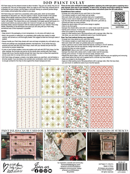 ICD Paint Inlay guide with pattern examples and furniture applications on a white background