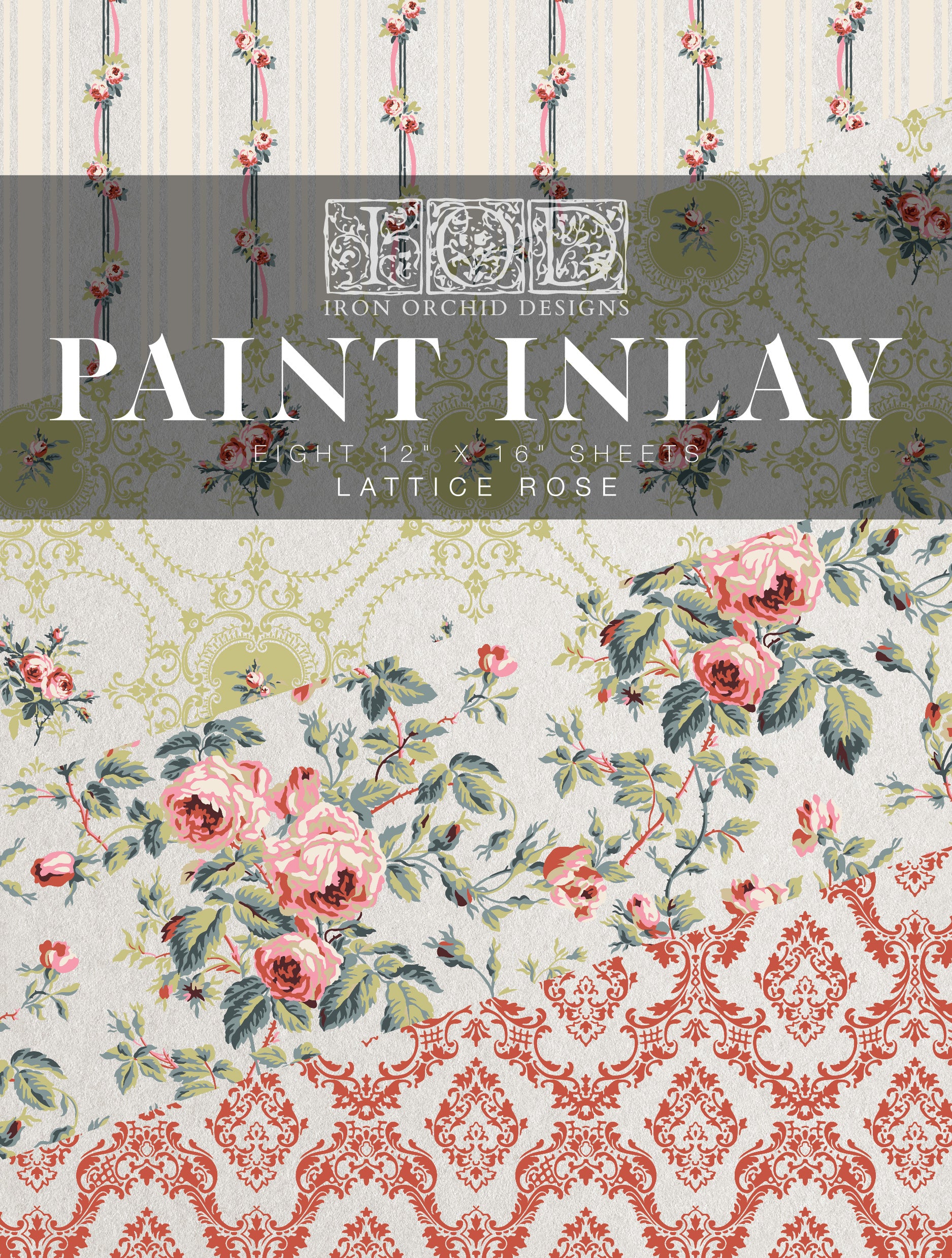 Collection of Iron Orchid Designs Paint Inlay sheets with floral and lattice patterns.