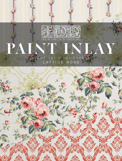 Collection of Iron Orchid Designs Paint Inlay sheets with floral and lattice patterns.