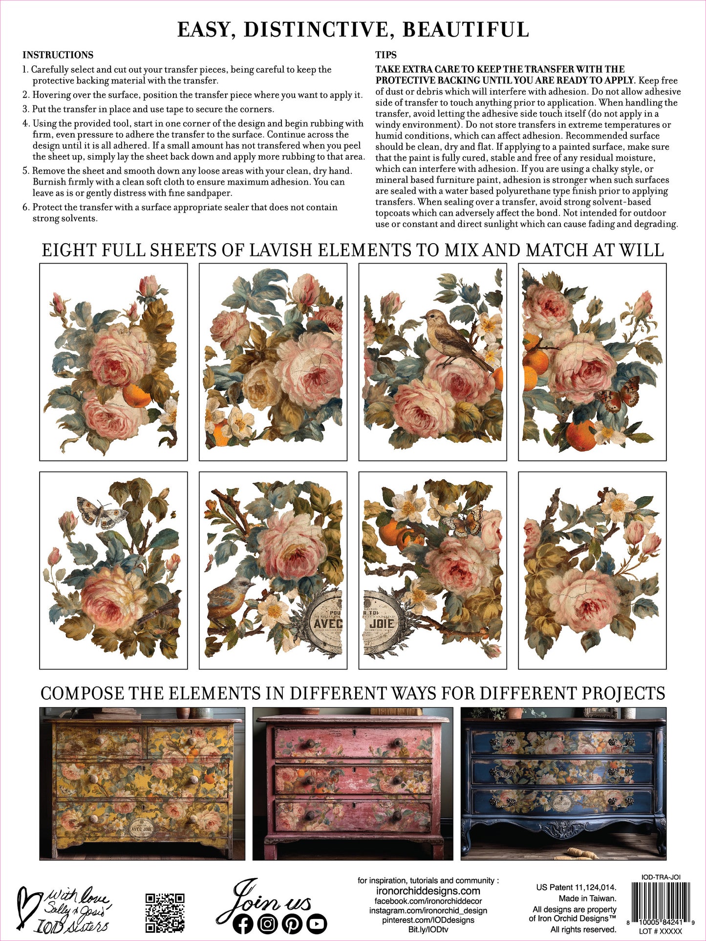 Decorative transfer paper with floral and nature-themed designs on a white background.