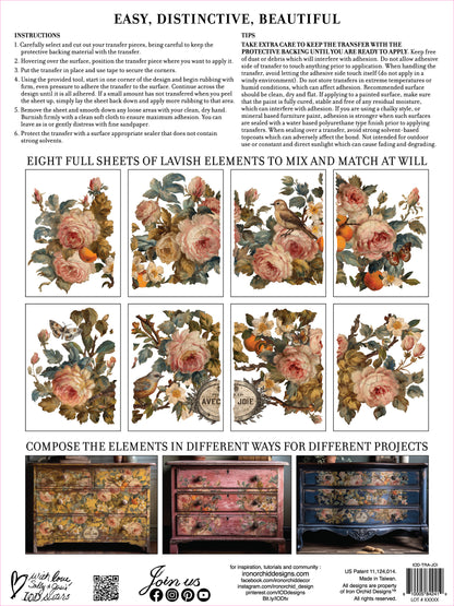 Decorative transfer paper with floral and nature-themed designs on a white background.