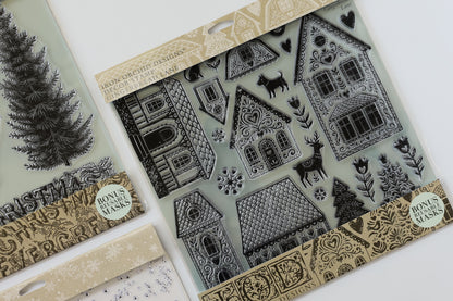 Gingerbread Lane I Folk Art Christmas Village 12x12 IOD Stamp Holiday Collection