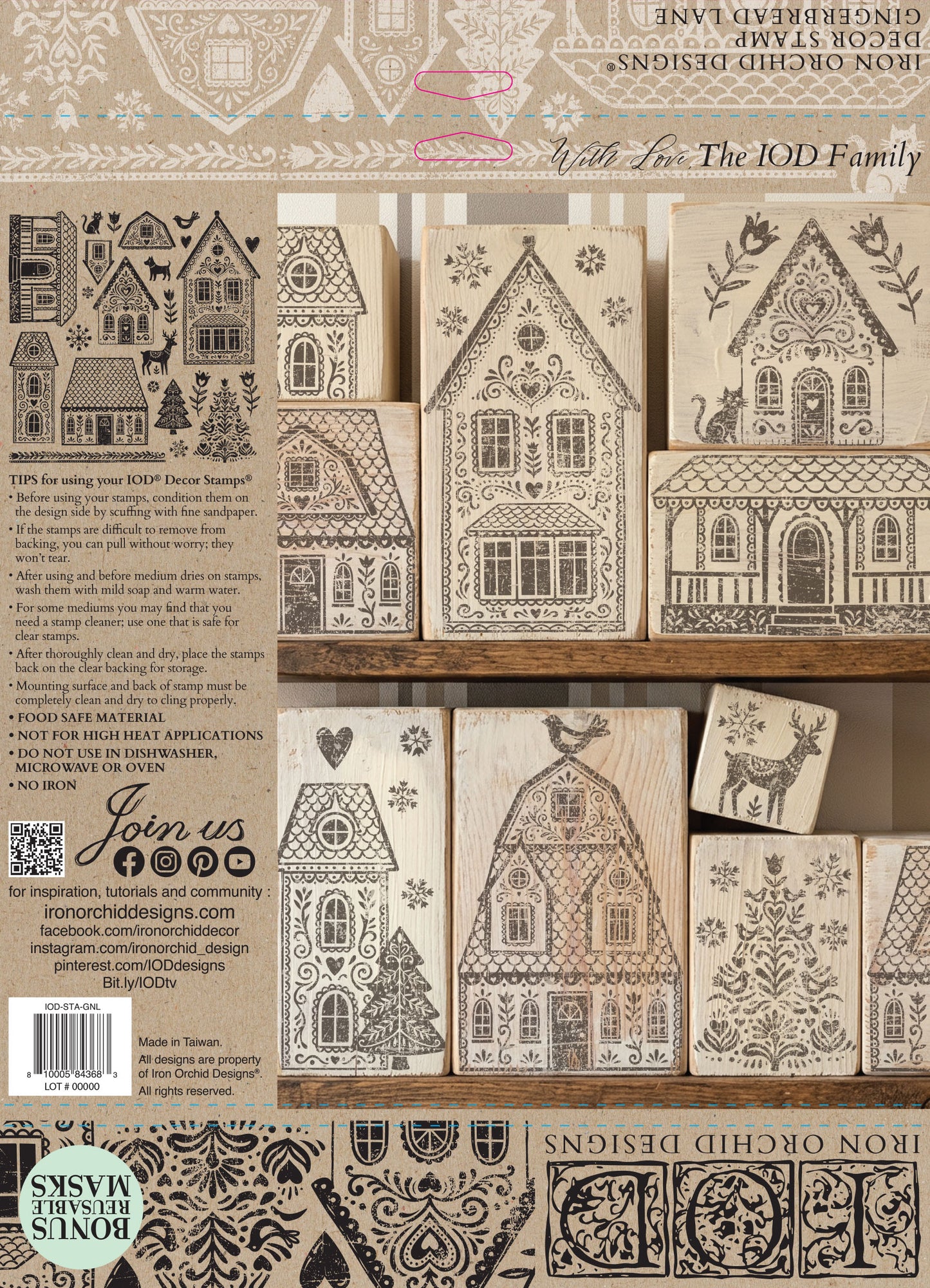 Gingerbread Lane I Folk Art Christmas Village 12x12 IOD Stamp Holiday Collection