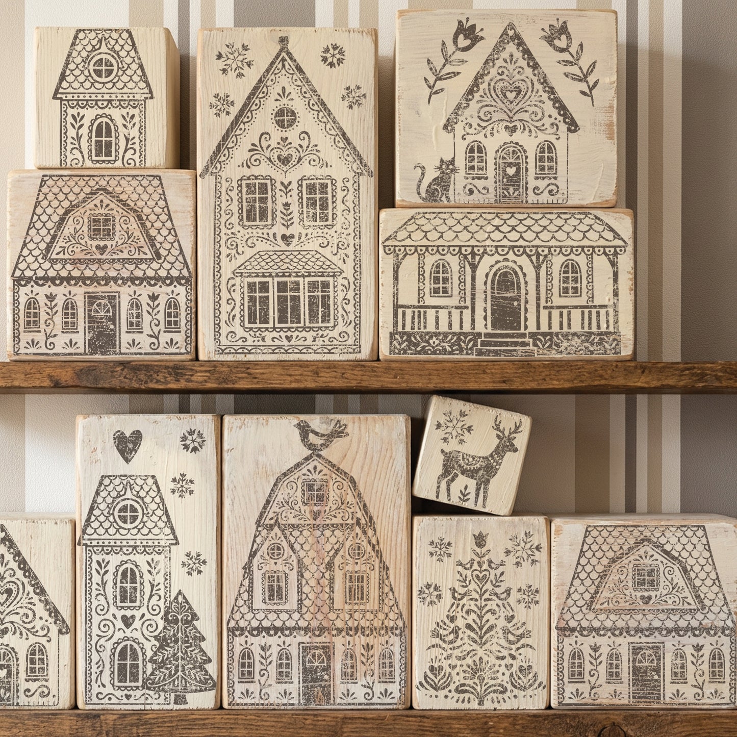 Gingerbread Lane I Folk Art Christmas Village 12x12 IOD Stamp Holiday Collection