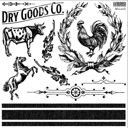 Vintage-style illustration with animals and decorative elements, featuring the text 'Dry Goods Co.'