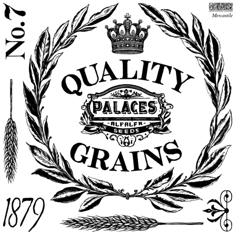 Vintage-style logo for 'Quality Palaces Grains' with a crown and wheat stalks, featuring the year 1879.