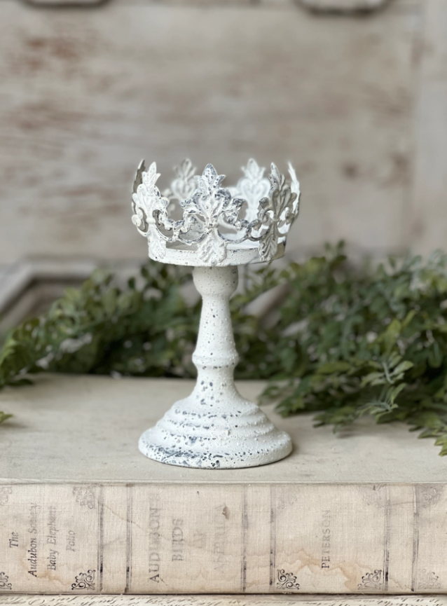 Crown Line Holder | 7.75" | Cream white | chippy finish | riser candle stick | romatic