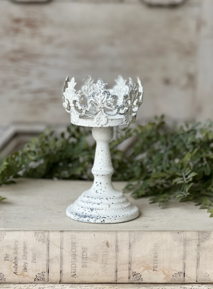 Crown Line Holder | 7.75" | Cream white | chippy finish | riser candle stick | romatic