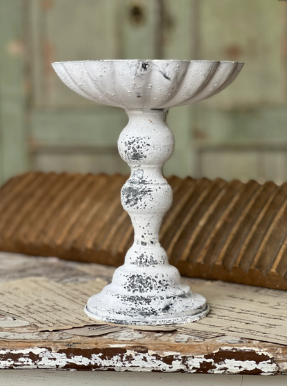 Antheil Pedestal | 9" | Cream white | chippy finish | riser candle stick | scalloped top