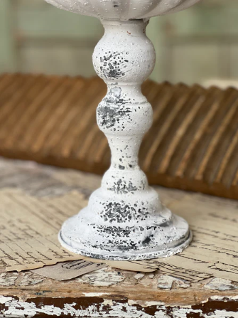 Antheil Pedestal | 9" | Cream white | chippy finish | riser candle stick | scalloped top