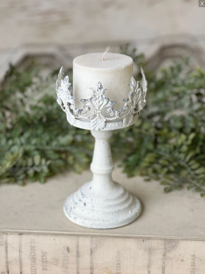 Crown Line Holder | 7.75" | Cream white | chippy finish | riser candle stick | romatic