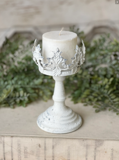 Crown Line Holder | 7.75" | Cream white | chippy finish | riser candle stick | romatic
