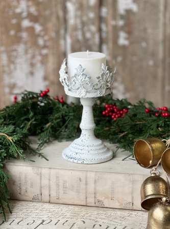 Crown Line Holder | 7.75" | Cream white | chippy finish | riser candle stick | romatic