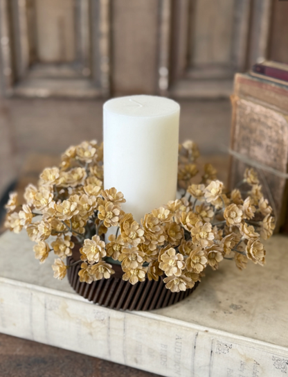Flaxen Floret Candle Ring | 9” | beige tan off white | faux floral home decor