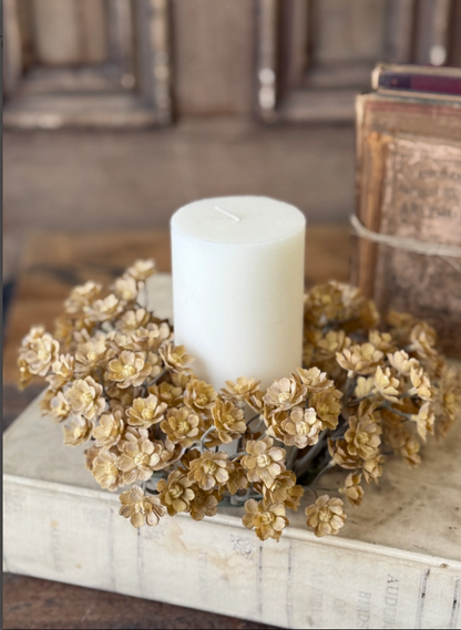 Flaxen Floret Candle Ring | 9” | beige tan off white | faux floral home decor
