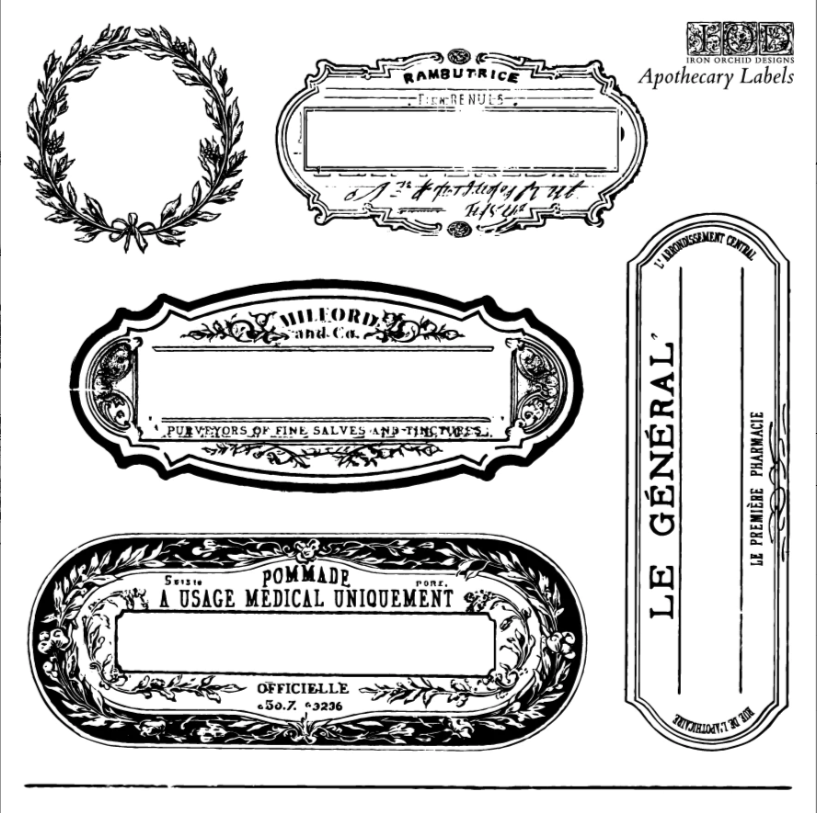 Collection of vintage-style apothecary labels with decorative elements on a white background.