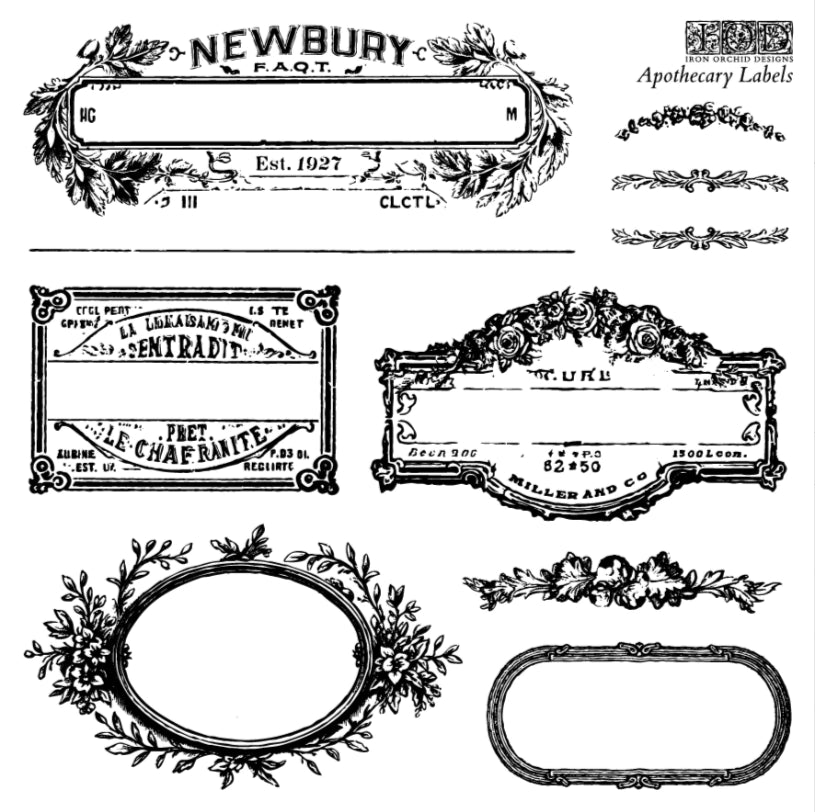Collection of vintage-style apothecary labels with decorative elements on a white background.