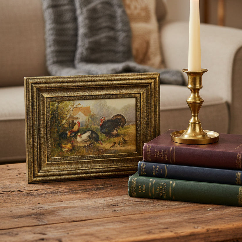 A framed rustic art print depicting a farmyard scene with a rooster, turkey, chickens, and ducks in a grassy field near a house. The piece is enclosed in an ornate, textured antique gold frame.