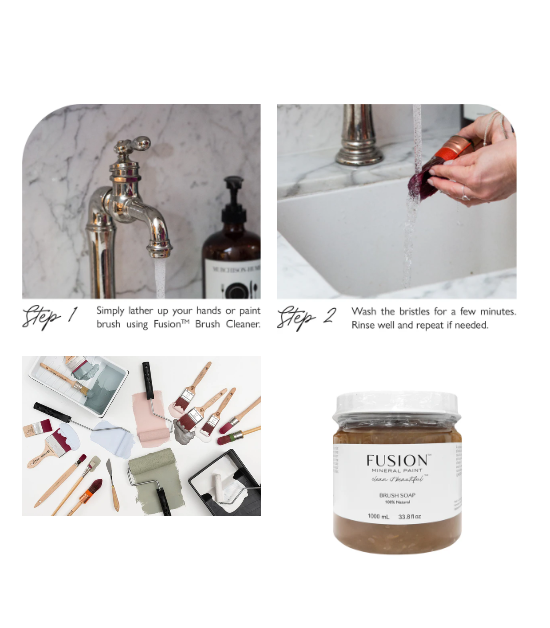 Steps for using Fusion brush cleaner with images of a sink, cleaning brush, and product packaging.