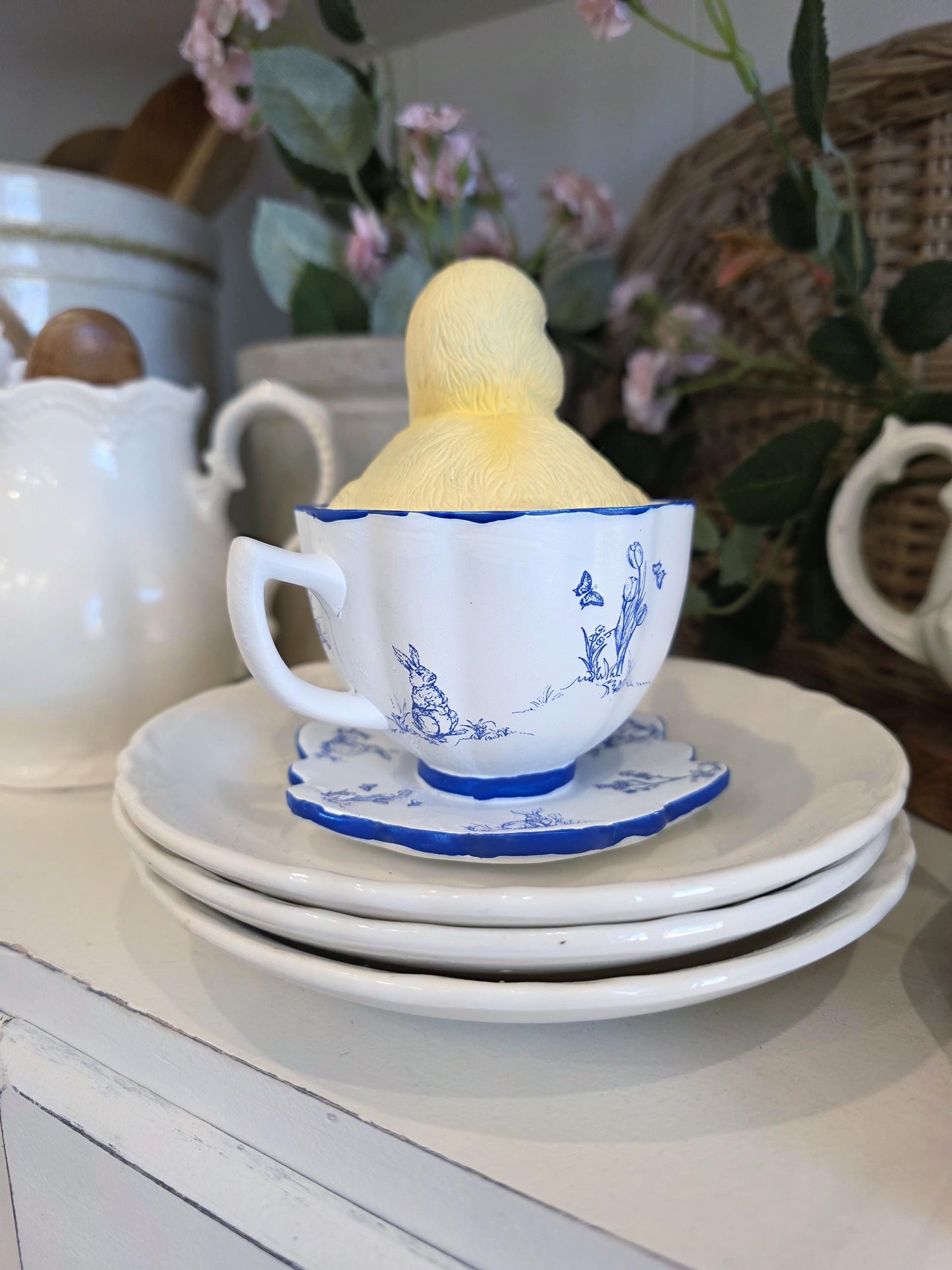Yellow Baby Duck in blue and white teacup I spring home decor figurine