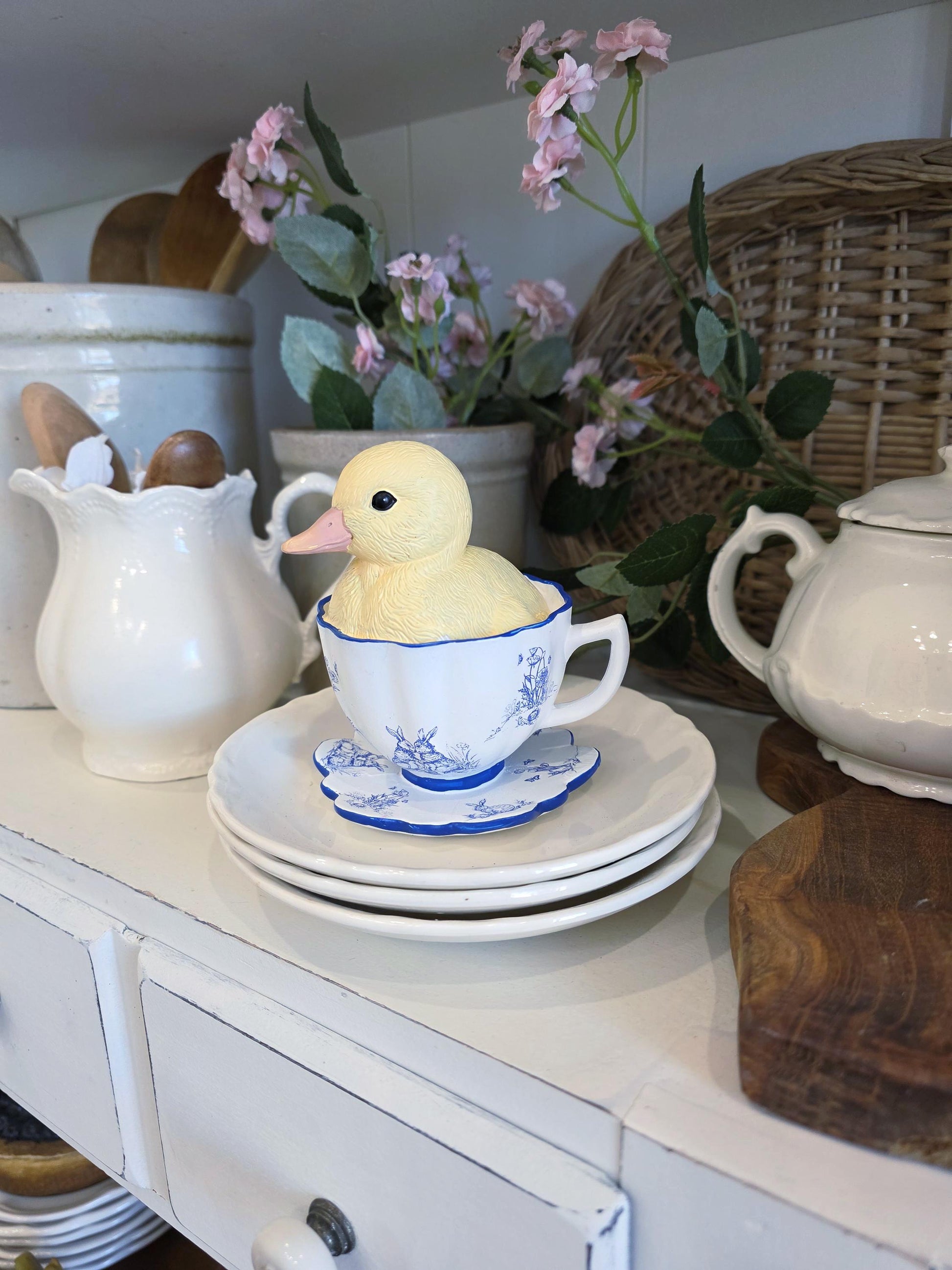 Yellow Baby Duck in blue and white teacup I spring home decor figurine