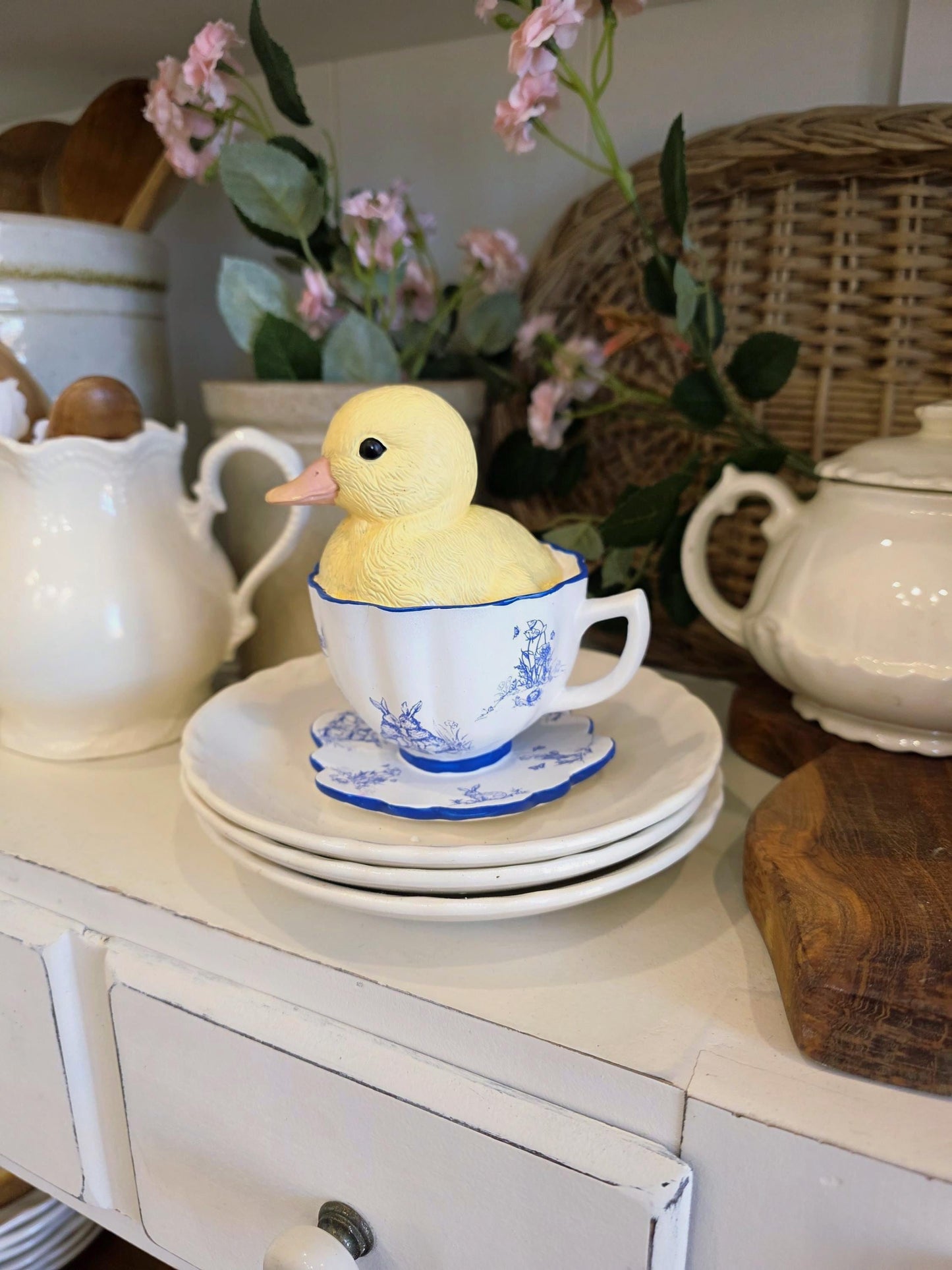 Yellow Baby Duck in blue and white teacup I spring home decor figurine